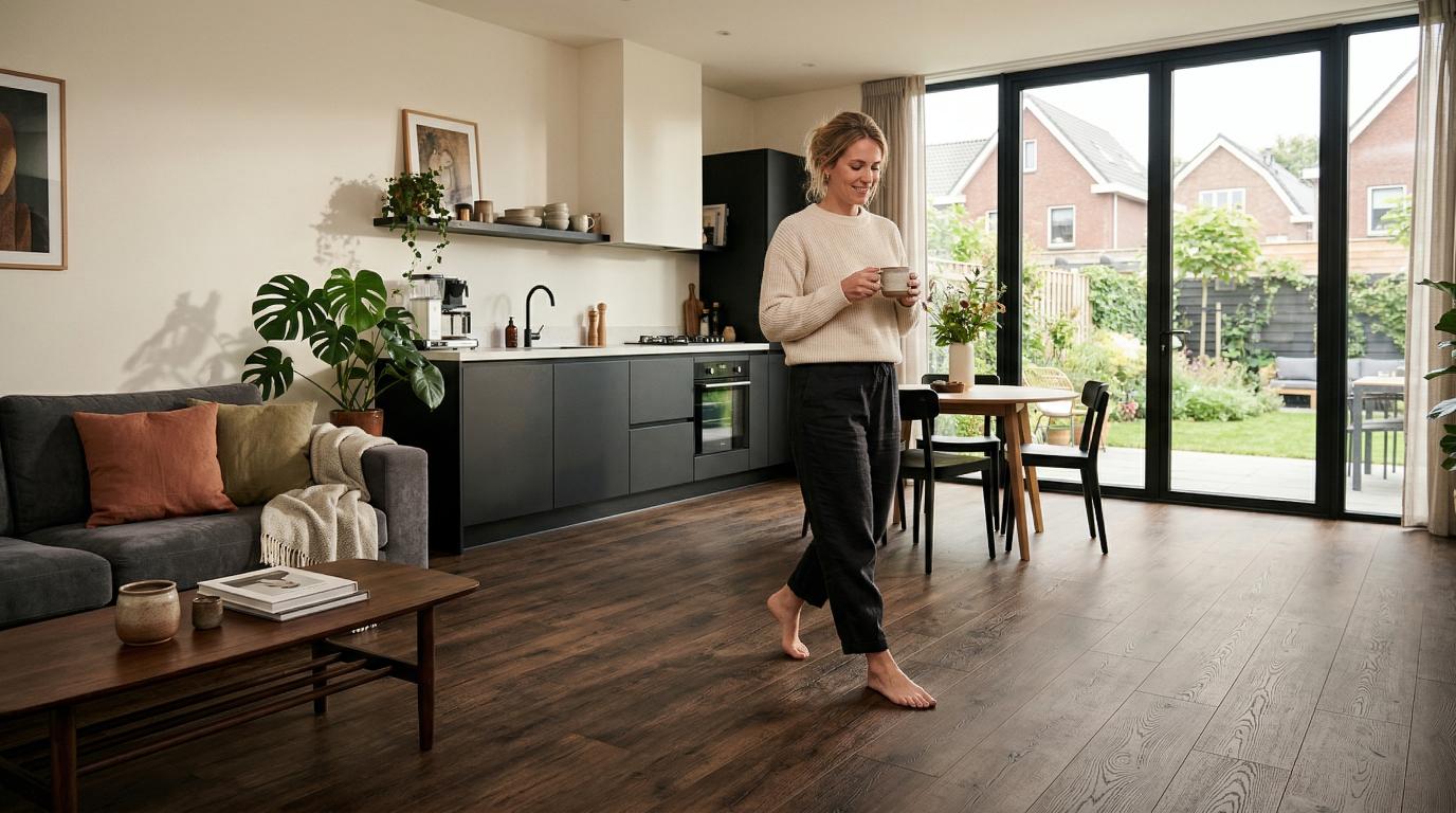 Woonkamer met open keuken en een doorlopende houten vloer met vloerverwarming